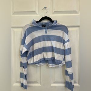 Justify, women’s large, white and blue striped, long sleeve, cropped polo